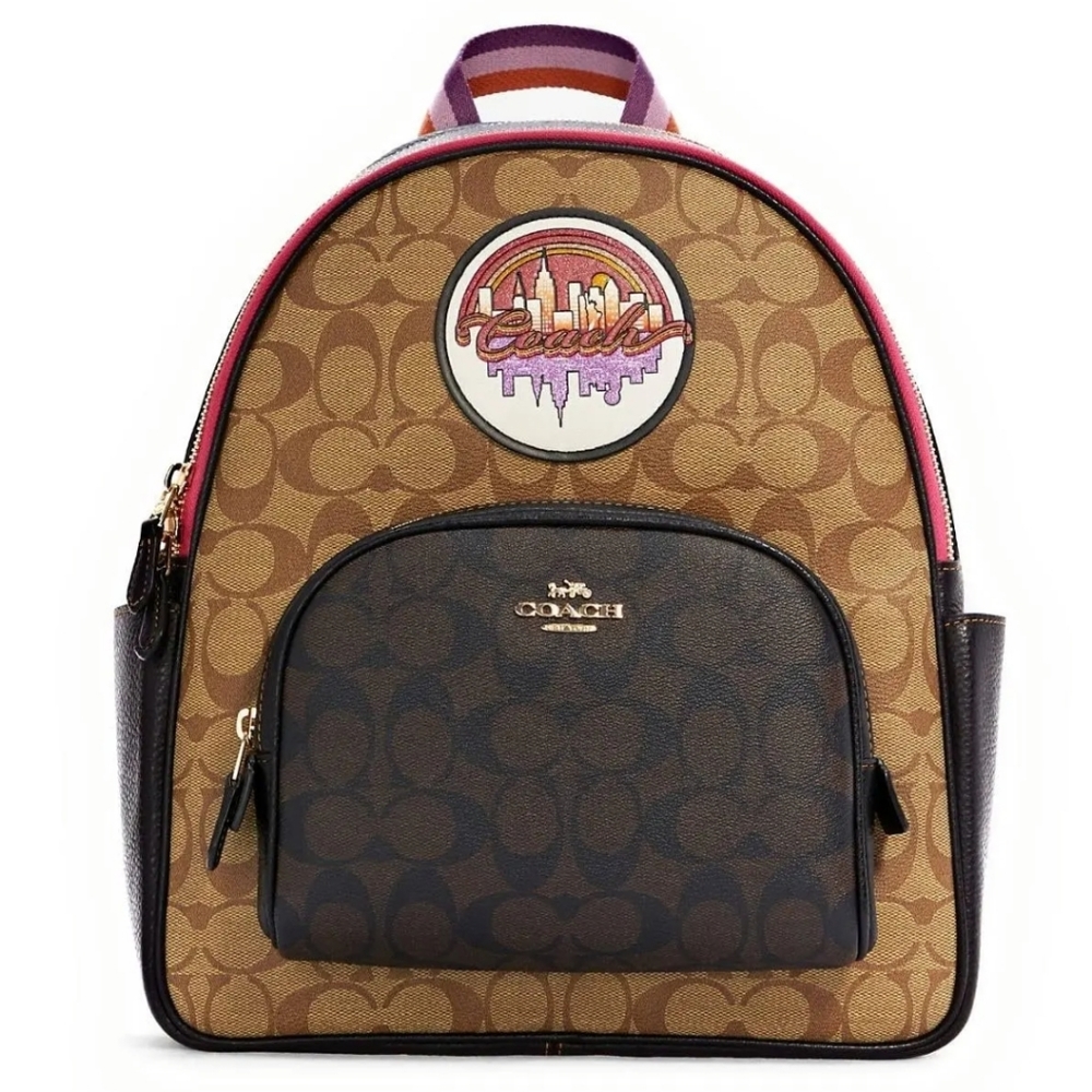 Coach Signature Brown Tan Backpack with Pink Trim and Purple Accent